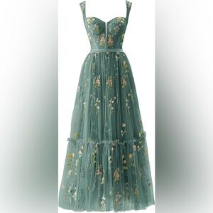 camftbo Floral Embroidered Green Maxi Dress